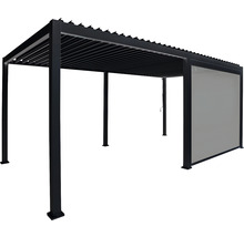 Schwarze Pergola mit Lamellendach und Seitenteil