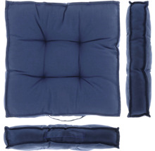 Blaues Sitzkissen mit Tragegriff, von oben und von der Seite fotografiert.