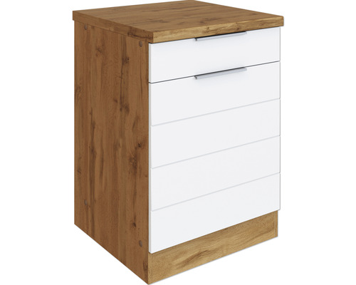 Schrank mit Schubladen, Holzoptik und weißen Fronten