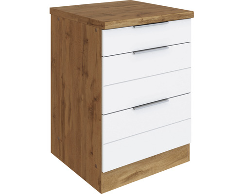 Nachttisch mit drei Schubladen in Holz- und Weissoptik