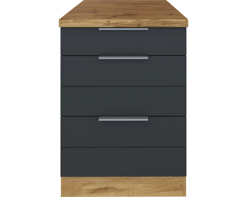 Unterschrank mit vier Schubladen in Holzoptik und grauen Fronten