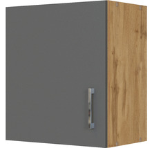 Grauer Hängeschrank mit Holzstruktur an der Seite und einem Metallgriff