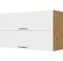 Hängeschrank mit zwei weißen Türen und Holzoptik an der Seite