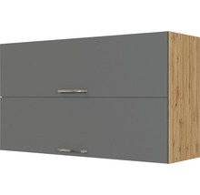 Hängeschrank mit zwei grauen Türen und seitlicher Holzoptik