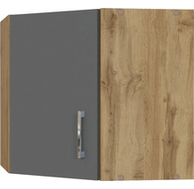 Hängeschrank mit grauer Tür und Holzstruktur