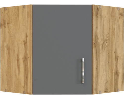 Eckhängeschrank mit grauer Tür und Holzdekor