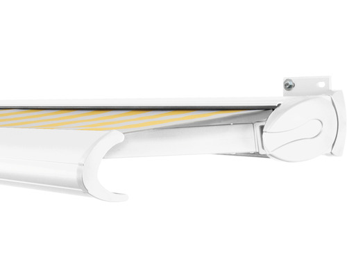 SOLUNA Kassettenmarkise Exclusiv 4,5x2,5 Stoff Dessin 1012 Gestell RAL 9016 verkehrsweiß Antrieb rechts inkl. Motor und Wandschalter