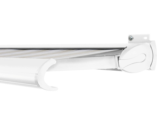 SOLUNA Kassettenmarkise Exclusiv 4,5x2,5 Stoff Dessin 6287 Gestell RAL 9010 verkehrsweiß Antrieb rechts inkl. Motor und Wandschalter