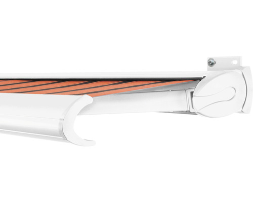 SOLUNA Kassettenmarkise Exclusiv 4x3 Stoff Dessin 6363 Gestell RAL 9016 verkehrsweiß Antrieb rechts inkl. Motor und Wandschalter
