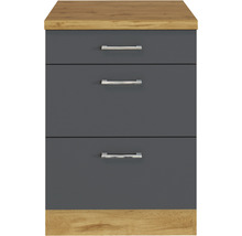 Graue Kommode mit drei Schubladen und Holzoberfläche