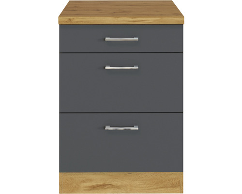 Graue Kommode mit drei Schubladen und Holzoberfläche
