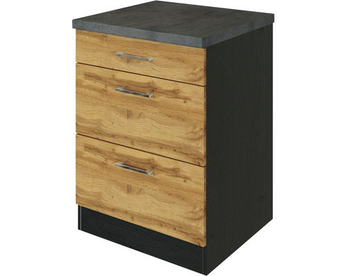 Schubladenunterschrank Held Möbel Sorrento 50x60x86 cm eiche hell matt/grau Küchenunterschrank mit drei Schubladen und Arbeitsplatte