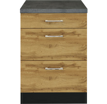 Küchenunterschrank mit drei Schubladen, Holzoptik und Arbeitsplatte