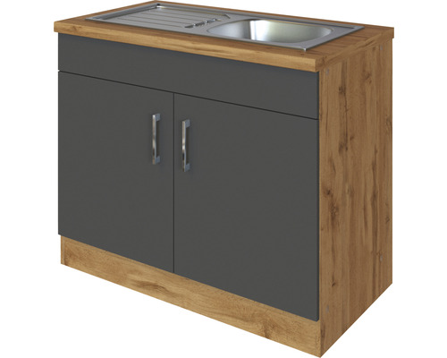 Spülenschrank inkl Spüle Held Möbel Sorrento 100x60x86 cm anthrazit matt/eiche hell mit Drehtüre Spülenunterschrank mit zwei Türen und Spülbecken