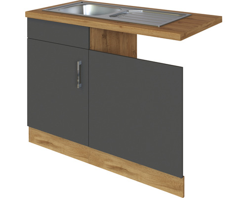 Spülenschrank inkl Spüle Held Möbel Sorrento 110x60x86 cm anthrazit matt/eiche hell mit Drehtüre Spülenschrank mit Spüle aus Holz und Metall