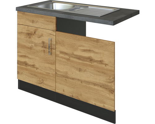Spülenschrank inkl Spüle Held Möbel Sorrento 110x60x86 cm eiche hell matt/grau mit Drehtüre Küchenunterschrank mit Spüle und Holztüren