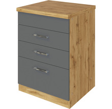 Nachttisch mit drei grauen Schubladen und Holzoptik