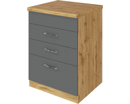 Nachttisch mit drei grauen Schubladen und Holzoptik