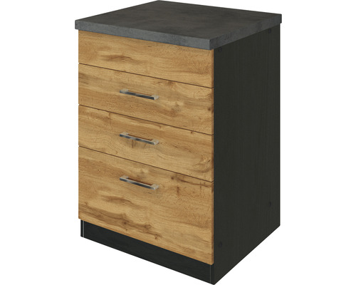 Unterschrank mit drei Schubladen, Arbeitsplatte und Griffen