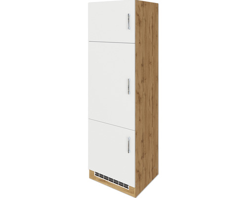 Kühlumbauschrank für 88er Einbaukühlschrank Held Möbel Sorrento 60x60x200 cm weiß matt/eiche hell mit Drehtüre Hochschrank mit drei Türen und Griffen