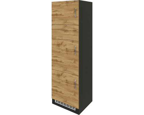 Kühlumbauschrank für 88er Einbaukühlschrank Held Möbel Sorrento 60x60x200 cm eiche hell matt/grau mit Drehtüre Hochschrank mit drei Türen und Griffen