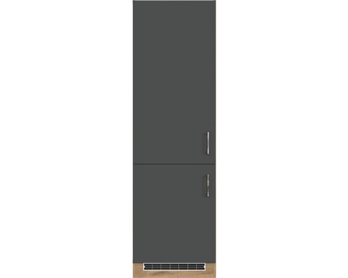 Hochschrank mit zwei grauen Türen und silberfarbenen Griffen sowie einer Holzsockelleiste