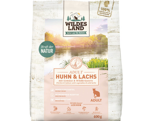 Katzenfutter trocken WILDES LAND Huhn und Lachs mit Gartengemüse mit wertvollen Superfoods, getreidefrei, Glutenfrei 400 g