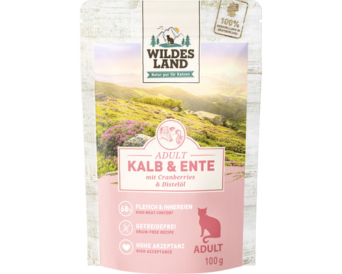 Katzenfutter nass WILDES LAND Kalb und Ente mit Cranberries mit wertvollen Superfoods, getreidefrei, Glutenfrei 100 g