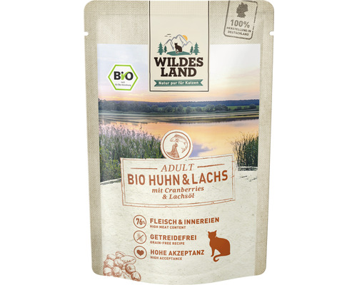 Katzenfutter nass WILDES LAND Bio Huhn und Lachs mit Cranberries mit wertvollen Superfoods, getreidefrei, Glutenfrei 85 g