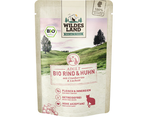 Katzenfutter nass WILDES LAND Bio Rind und Huhn mit Cranberries mit wertvollen Superfoods, getreidefrei, Glutenfrei 85 g