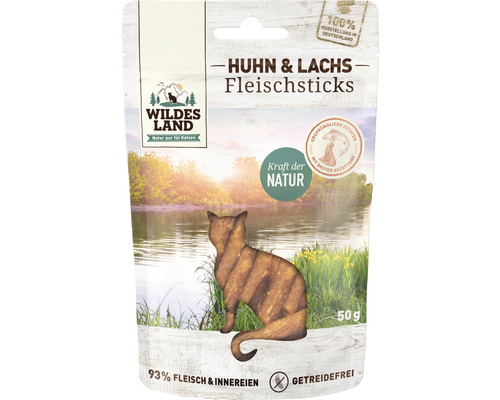 Katzensnack WILDES LAND Huhn und Lachs Fleischsticks getreidefrei 50 g Wildes Land Hühnchen und Lachs Fleischsticks für Katzen, 50 Gramm