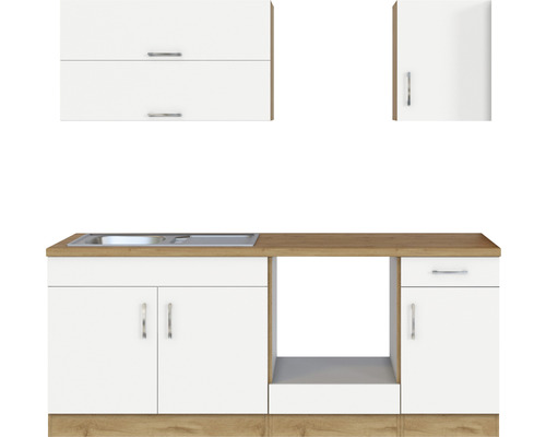 Küchenzeile mit Spüle, Unterschränken und Hängeschränken