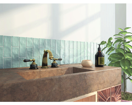 Badezimmerwaschtisch mit Armatur, Fliesen und Pflanze