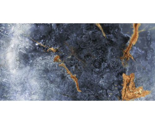 Feinsteinzeug Bodenfliese Marvella 60,0x120,0 cm blau grau gold glänzend rektifiziert