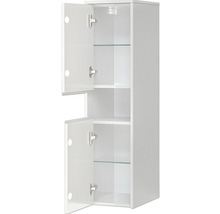 Weißer Hängeschrank mit zwei offenen Türen und Glasböden.