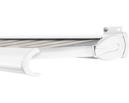 SOLUNA Kassettenmarkise Exclusiv 4,5x3 Stoff Dessin 7852 Gestell RAL 9010 verkehrsweiß Antrieb rechts inkl. Motor und Wandschalter