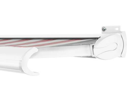 SOLUNA Kassettenmarkise Exclusiv 4,5x2,5 Stoff Dessin 8783 Gestell RAL 9010 verkehrsweiß Antrieb rechts inkl. Motor und Wandschalter