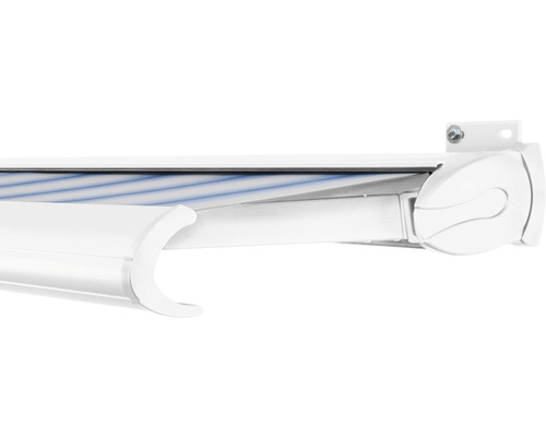SOLUNA Kassettenmarkise Exclusiv 4x3 Stoff Dessin 320234 Gestell RAL 9010 verkehrsweiß Antrieb rechts inkl. Motor und Wandschalter
