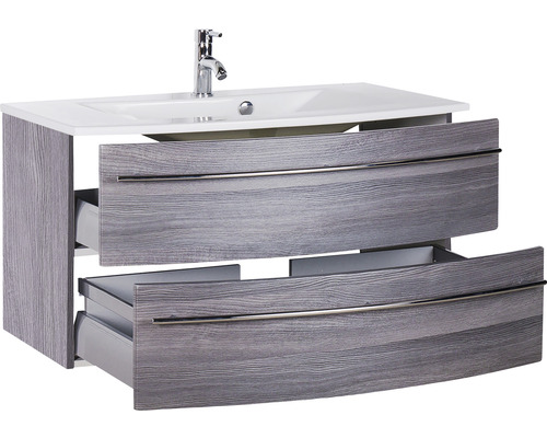 Waschtischunterschrank mit zwei offenen Schubladen, Aufsatzwaschbecken und Armatur