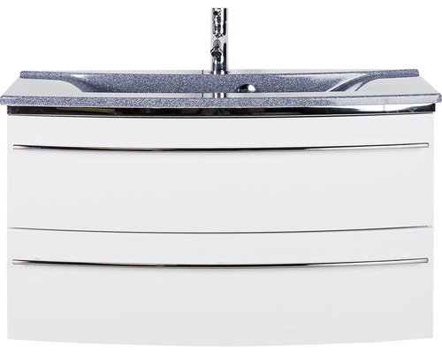 Weißer Waschtischunterschrank mit grauer Waschtischplatte und Armatur