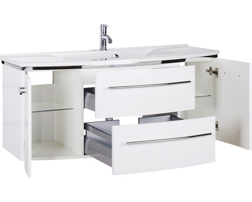 Waschtischunterschrank mit Waschbecken, zwei Schubladen und Schrankfächern