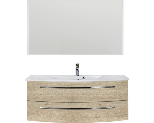 Waschtischkombination mit Spiegel, Holzdekor und Keramikwaschbecken