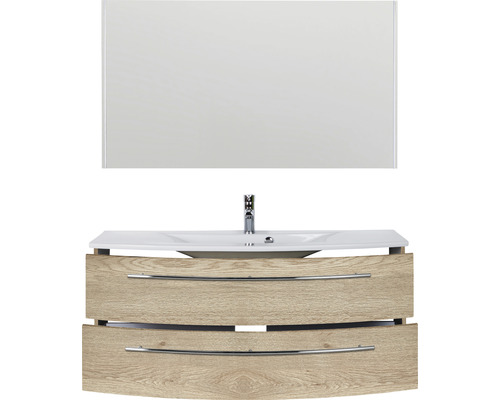 Waschtischkombination mit Spiegel, Waschbecken, Armatur und Unterschrank mit zwei Schubladen