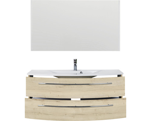 Waschtisch mit Spiegel und zwei Schubladen in Holzoptik.