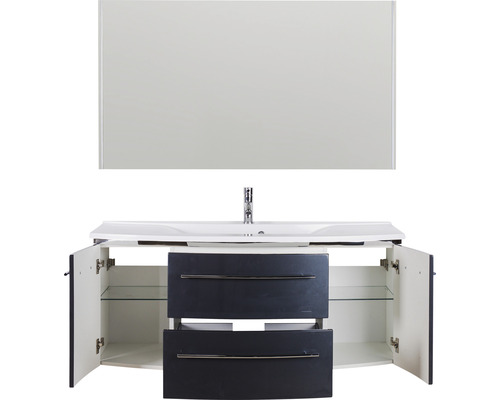 Waschtisch mit Spiegel, Unterschrank mit Schubladen und offenen Türen für Badezimmer