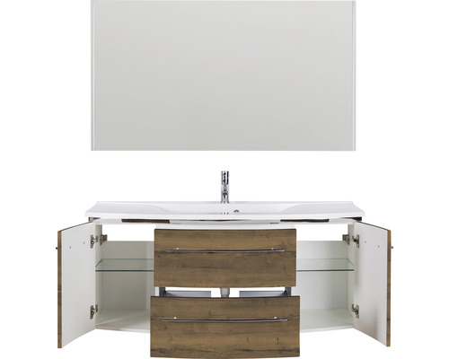 Waschtischkombination mit Spiegel, Waschbecken, zwei Schubladen und Schrankfächern