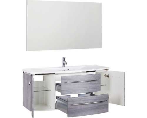 Waschtisch mit Spiegel, Unterschrank, Schubladen und offenen Fächern für das Badezimmer