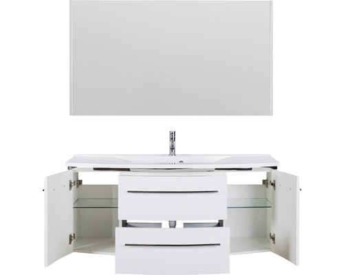 Weißer Waschtischunterschrank mit Spiegel und offenem Schrank