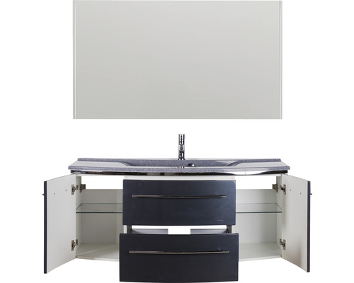 Waschtisch mit Spiegel, offenem Schrank und Schubladen