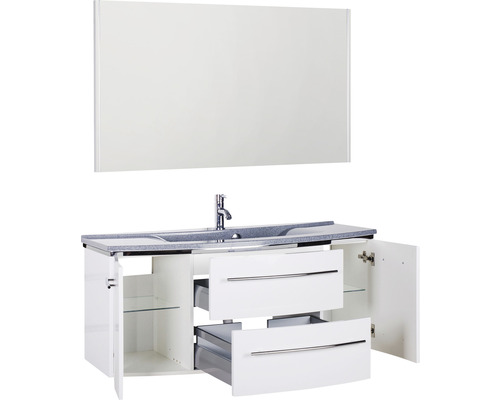 Waschtischunterschrank mit Waschbecken, Armatur und Spiegelschrank für das Badezimmer